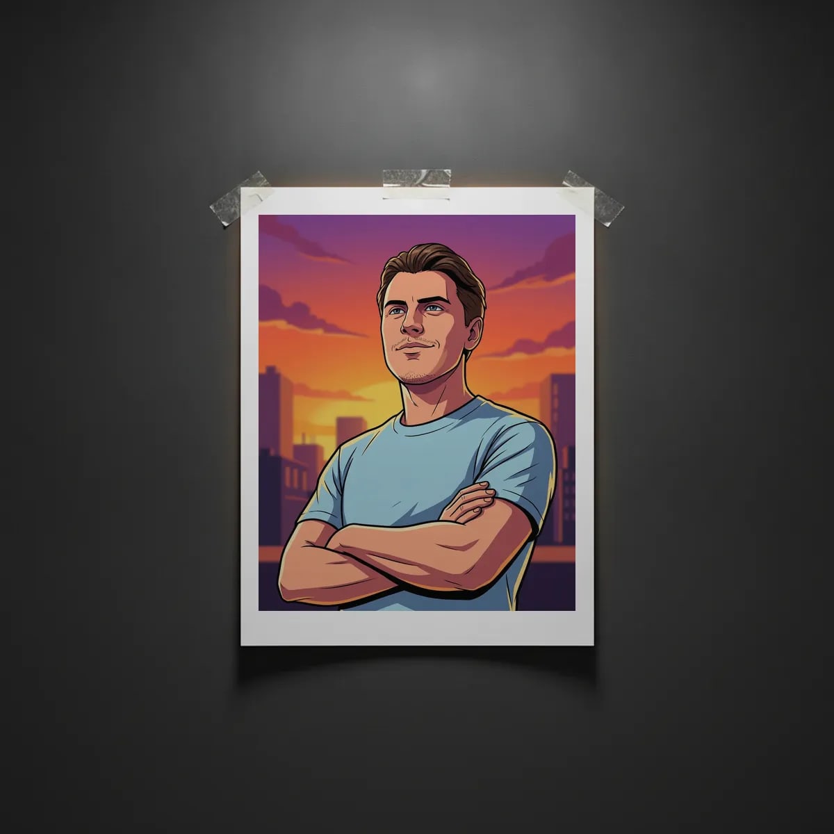 Poster personnalisé au mur avec le portrait dessiné d'un jeune homme, bras croisés, devant une ville au coucher du soleil