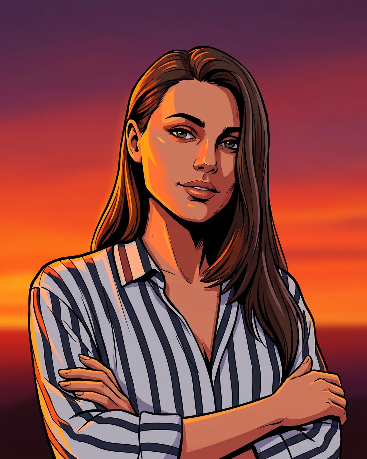 La même jeune femme dessinée façon couverture de jeu vidéo, bras croisés, devant un ciel couchant