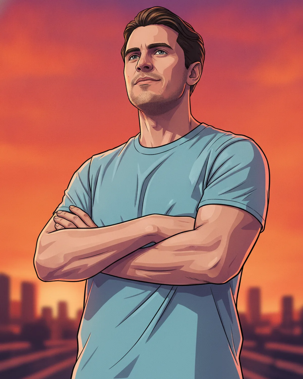 Le même jeune homme dessiné façon couverture de jeu vidéo, bras croisés, devant un ciel couchant