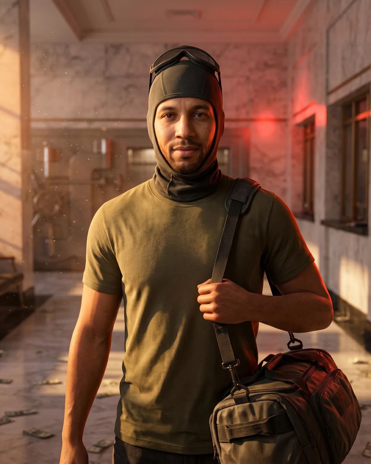 Le même homme dans un hall de banque en marbre, cagoule relevée sur le front, sac de sport sur l'épaule