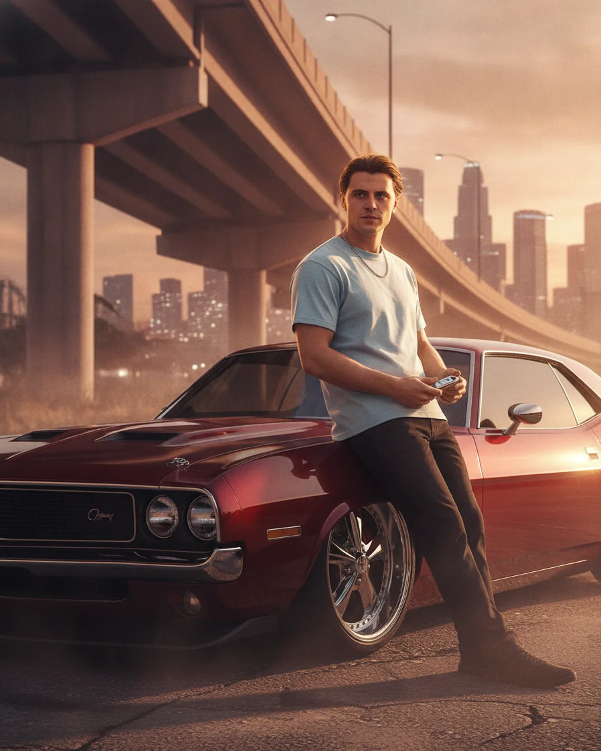 Cadre photo personnalisé au mur avec le portrait d'un jeune homme appuyé sur une muscle car