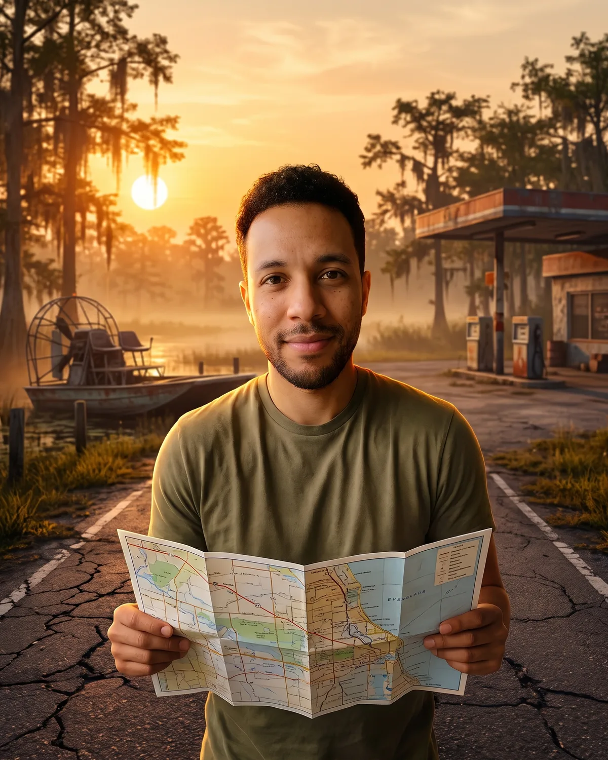 Le même homme sur une route craquelée au bord d'un marais au coucher du soleil, une carte routière dépliée
