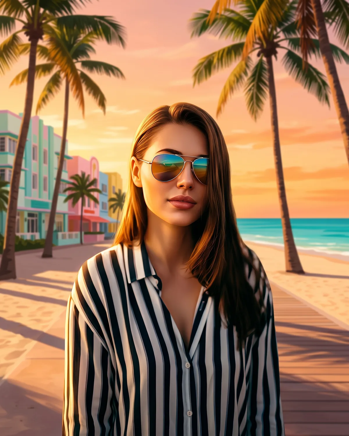 T-shirt personnalisé imprimé du portrait d'une jeune femme sur une plage au coucher du soleil