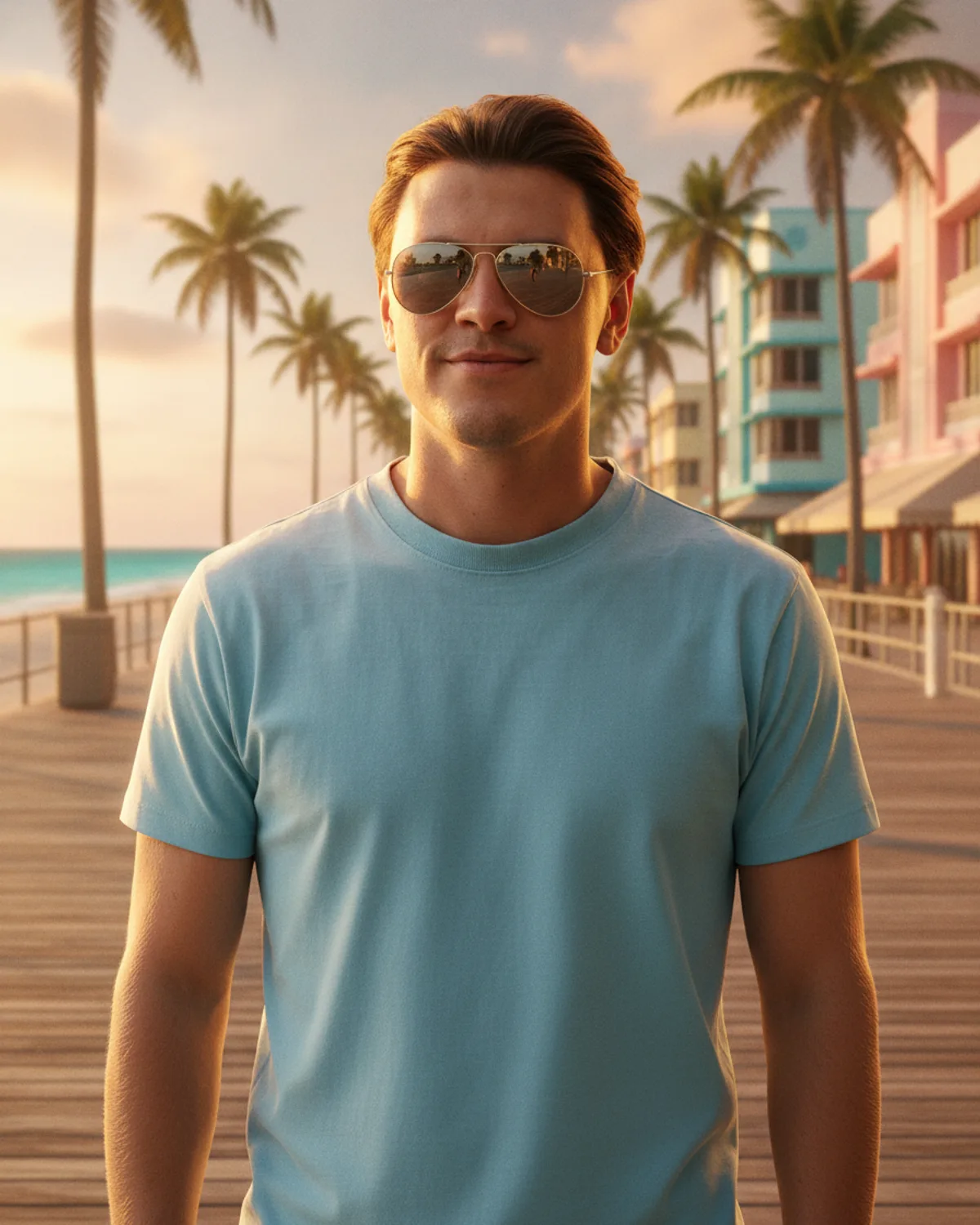 Le même jeune homme sur la promenade d'une plage de Floride au coucher du soleil, lunettes d'aviateur